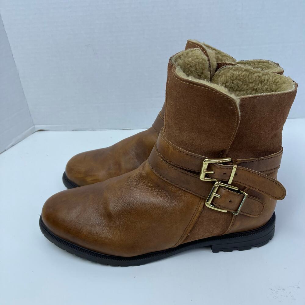 Diba Leather Moto Boots Faux-fur Lined Zip Up Straps Distressed Brown Sz 8